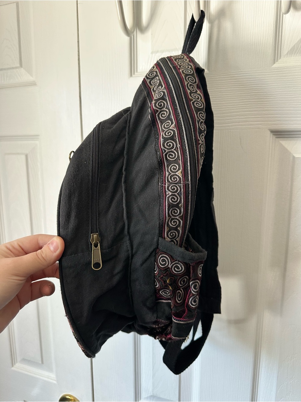 Woven 100% Cotton Backpack: Embroidered Boho Hippie Bag in Black - Picture 2 of 7
